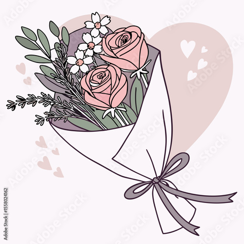 Elegant bouquet of pink roses, white flowers, and lavender in a lilac wrap with ribbon, flat style on a soft pink heart background. Concept of love and celebration. Vector .
