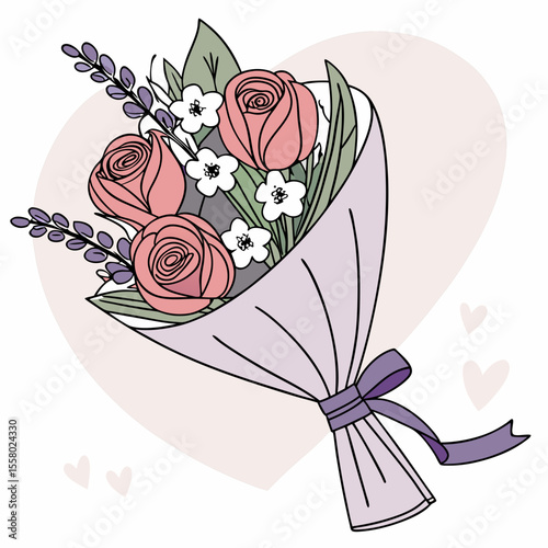 Elegant bouquet of pink roses, white flowers, and lavender in a lilac wrap with ribbon, flat style on a soft pink heart background. Concept of love and celebration. Vector .