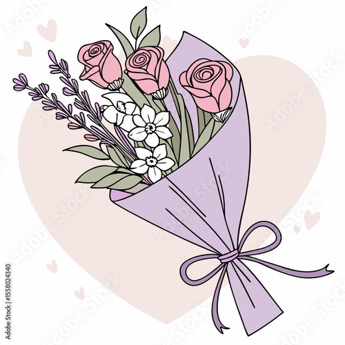 Elegant bouquet of pink roses, white flowers, and lavender in a lilac wrap with ribbon, flat style on a soft pink heart background. Concept of love and celebration. Vector .