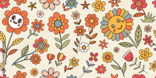 Summer flowers vector drawing, multicolor cartoon, floral seamless pattern