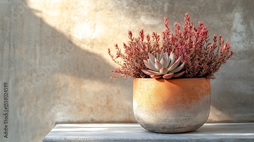Succulents and dried protea in terracotta pot, placed on a concrete pedestal, modern desert-inspired architecture behind, dramatic side lighting, bold and minimalist. Created Using: telephoto lens,