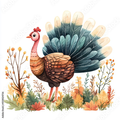 Adorable Watercolor Turkey with Autumnal Surroundings