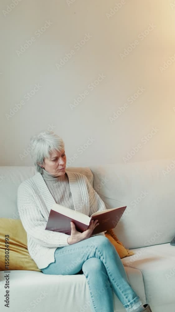 Vertical video, Vertical video of an elderly woman relaxing on her couch and reading a book. She is wearing comfortable casual clothing. The concept of a cozy evening at home. Vertical video, Vertical video of an elderly woman relaxing on her couch and reading a book. She is wearing comfortable casual clothing. The concept of a cozy evening at home.