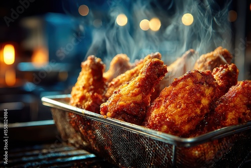 Close-Up Macro Shot of Crispy Chicken Wings Frying in Oil with Steamy Background Effects