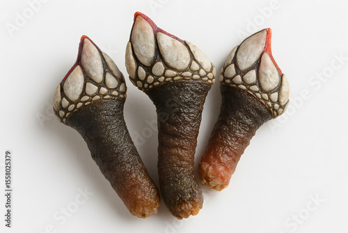 Three goose barnacles stand upright, showcasing their unique leathery stalks and scaly, off-white heads with orange tips. Generative AI.