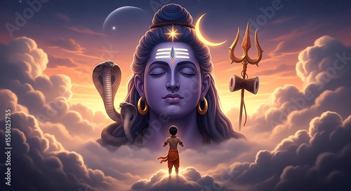 Divine Lord Shiva in Cosmic Meditation. Hindu deity Shiva the Destroyer and Creator ,Hindu Mythology Art – Lord Shiva Divine, Shiva the Adiyogi , Sacred Lord Shiva meditation Artwork .The Supreme god