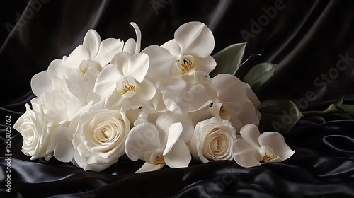 White floral bouquet with orchids and roses on a black satin cloth, gentle rim light outlining petals, moody and romantic vibe, close-up framing. Created Using: macro lens, baroque influence,