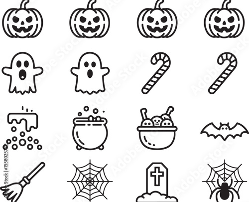 Whimsical Halloween Icons A Collection of Spooky and Festive Elements for Graphic Design and Holiday Creations