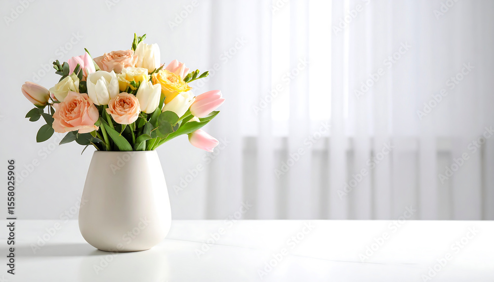 Soft pastel flower arrangement features roses and tulips in a simple vase on a clean white table Soft pastel flower arrangement features roses and tulips in a simple vase on a clean white table