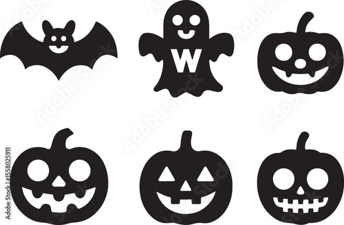 Spooky Halloween Icons Featuring a Bat, a Ghost with a Letter, and Carved Pumpkins with Ghoulish Expressions