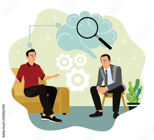 Male patient talks to psychiatrist about emotional and mental health issues.
