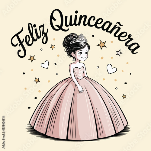 Feliz Quinceañera Spanish Graphic, Happy 15th Birthday Card vector Design for Kids t shirt, trendy tee, poster – Elegant Spanish Typography Quinceañera Greeting illustration with Crown print