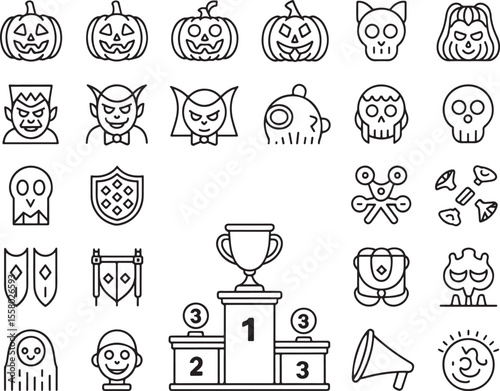 Line Art Halloween Icons Featuring Pumpkins, Monsters, and Awards for Spooky Season Celebrations