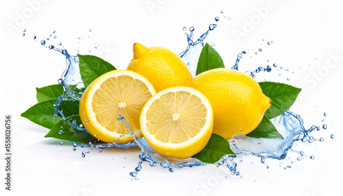 Lemons Splashing Water, Isolated on White Background