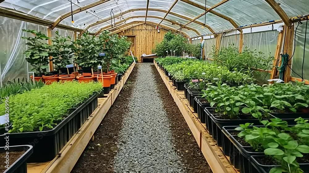 custom made wallpaper toronto digitalLush greenhouse interior with thriving plants, gravel path, and wooden structure enhancing growth