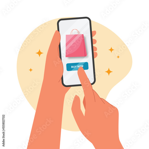 Flat hand holding phone online shop digital concept