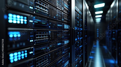Close-up of advanced server racks with bright blue LEDs in a dark hallway of a modern data center, ideal for illustrating cloud systems, cybersecurity, and IT infrastructure