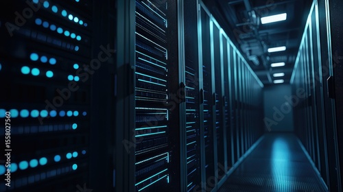 Dimly lit data center corridor with glowing blue server indicators and sleek metal cabinets, ideal for cloud technology, cybersecurity, digital storage, and IT operations
