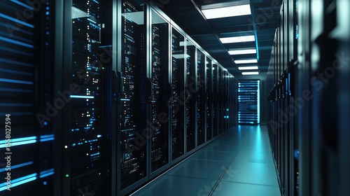 Futuristic data center corridor with illuminated server racks and glowing blue indicators, ideal for cloud computing, IT infrastructure, cybersecurity, and digital network solutions