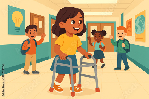 Young Girl Using Walker Smiling at Classmates in School Hallway Bright Educational Illustration