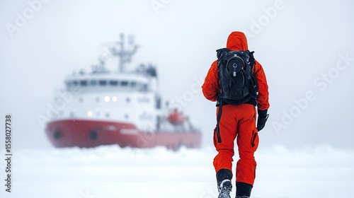 A person in an orange cold-weather suit walks on ice toward a large ship in a foggy, icy environment.