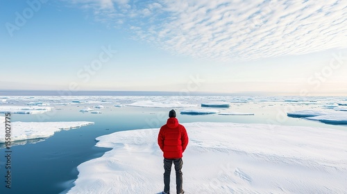 A person in a red jacket stands on icy terrain, overlooking a vast, partially frozen sea under a cloudy sky.