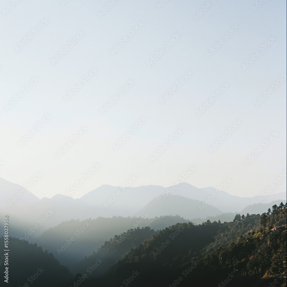 Obraz premium Layered mountain range landscape with morning mist