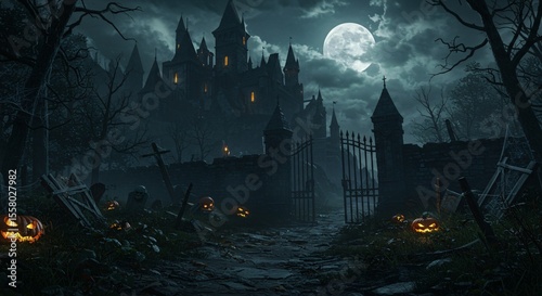 A spooky halloween scene with a castle, pumpkins, and a full moon in the night sky background
