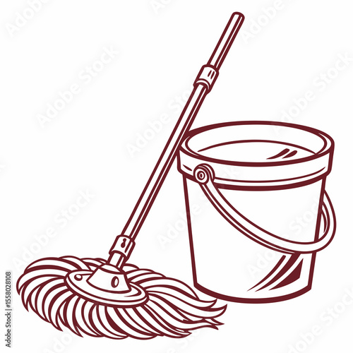 Bucket and Mop Icon Vector | Generative AI & Linocut Silhouette Design