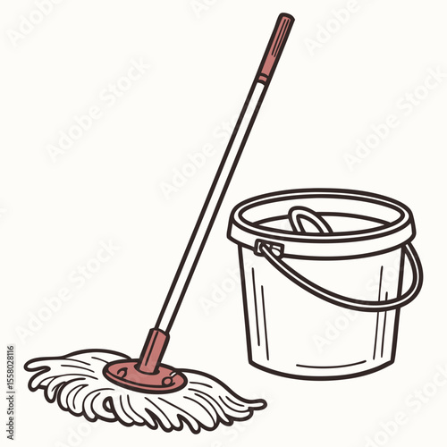 Bucket and Mop Icon Vector | Generative AI & Linocut Silhouette Design