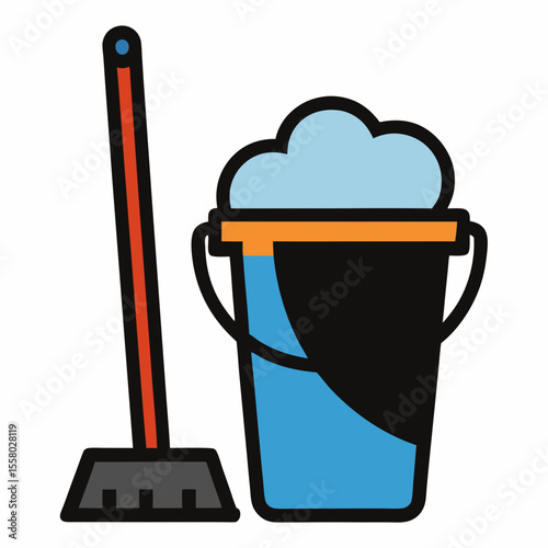 Bucket and Mop Icon Vector | Generative AI & Linocut Silhouette Design
