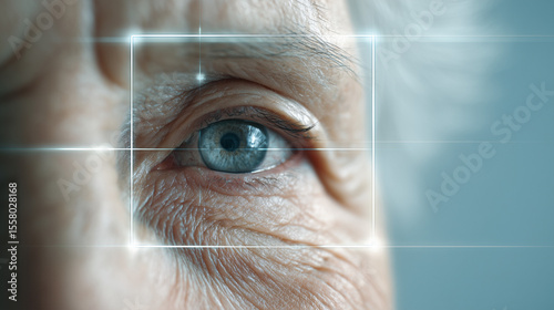 Close up of an elderly person s blue eye with digital overlay and soft lighting