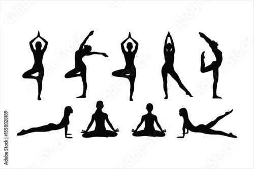 Yoga Poses Silhouettes - Women Practicing Yoga & Pilates Vector Set