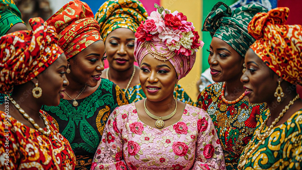 Fototapeta premium Joyful African Bride with Bridesmaids in Vibrant Traditional Headwraps and Clothing