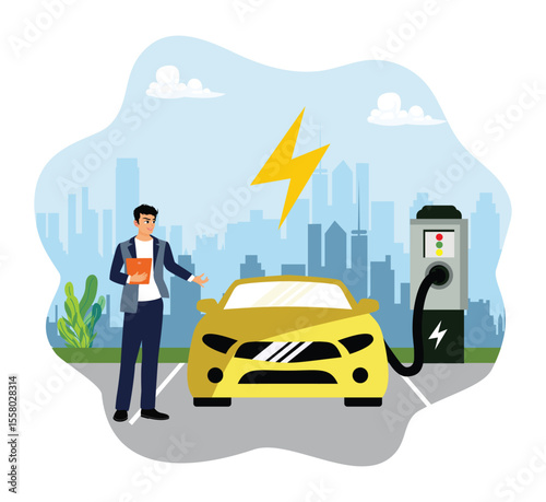Businessman observing electric car charging at station in modern urban setting.