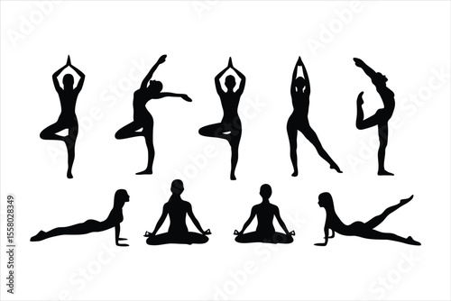 Yoga Poses Silhouettes - Women Practicing Yoga & Pilates Vector Set