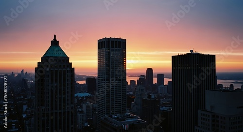 City skyline at sunset with towering buildings