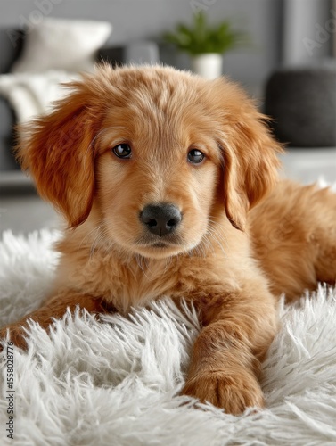 Golden-retriever puppy curled on plush white rug.