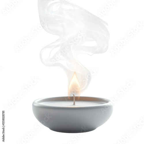 A single white candle burning with a bright flame and wisps of smoke rising and swirling dramatically against a black background isolated on transparent background