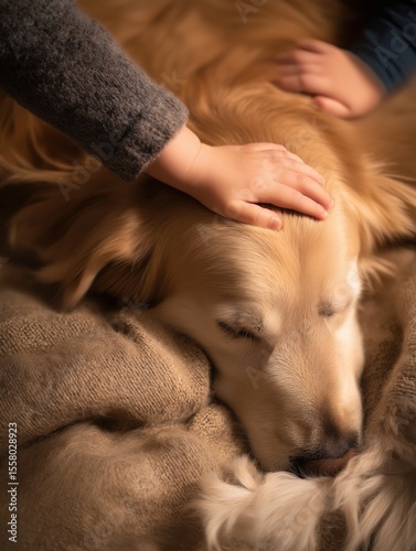 Golden retriever resting head on a moving blanket.