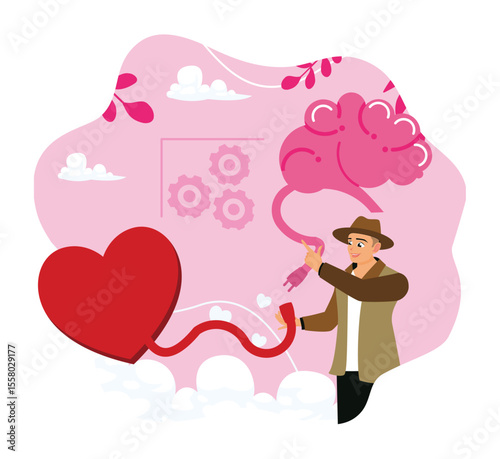 Man connect heart feeling with logical thinking brain.