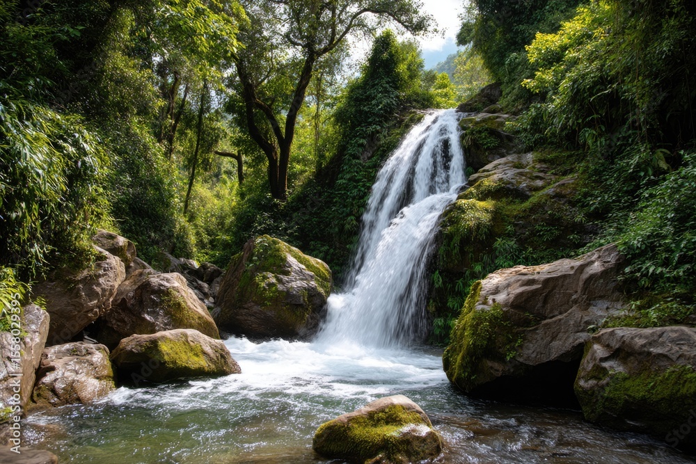 Fototapeta premium A waterfall cascading down rugged rocks in the tropical forest