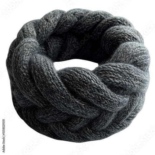 A detailed close up of a thick dark grey braided knitted scarf or cowl showcasing the intricate texture of the yarn and the woven pattern isolated on transparent background