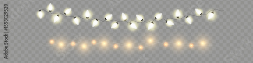 Christmas lights. Bright Xmas garland. Vector glow light bulbs on wire strings.