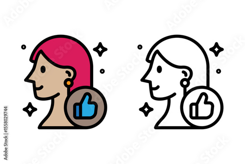 Vector Graphic of a Line icon beauty woman giving a thumbs-up. for use in beauty tutorials, cosmetic app reviews, user satisfaction, woman empowerment campaigns, skincare product
