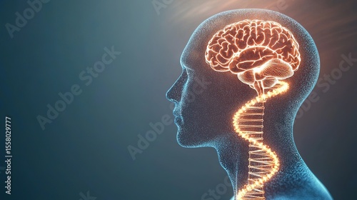 A digital illustration of a human head with a glowing brain connected to a DNA double helix, symbolizing the link between genetics and neuroscience.