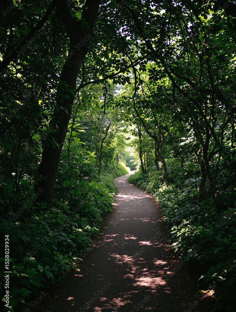 Fototapeta premium Path through shaded woodland with dappled sunlight