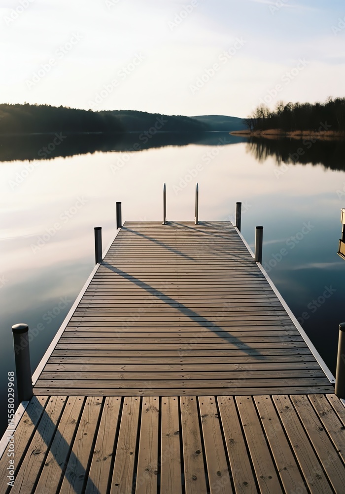 Naklejka premium Dock on calm lake water at sunset