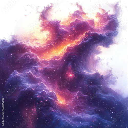 Vibrant cosmic nebula with glowing stars and swirling gas clouds in shades of purple pink and orange isolated on transparent background