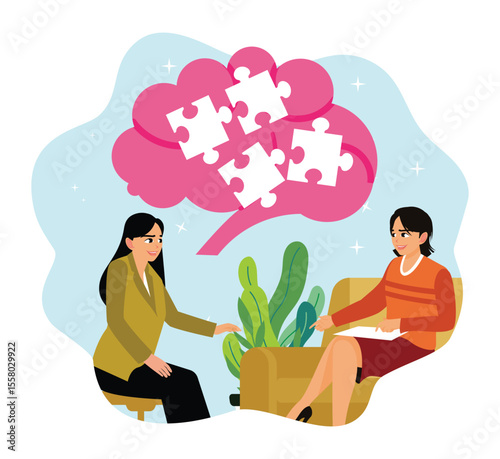 Patient and psychologist counseling therapy session with puzzles and brain.